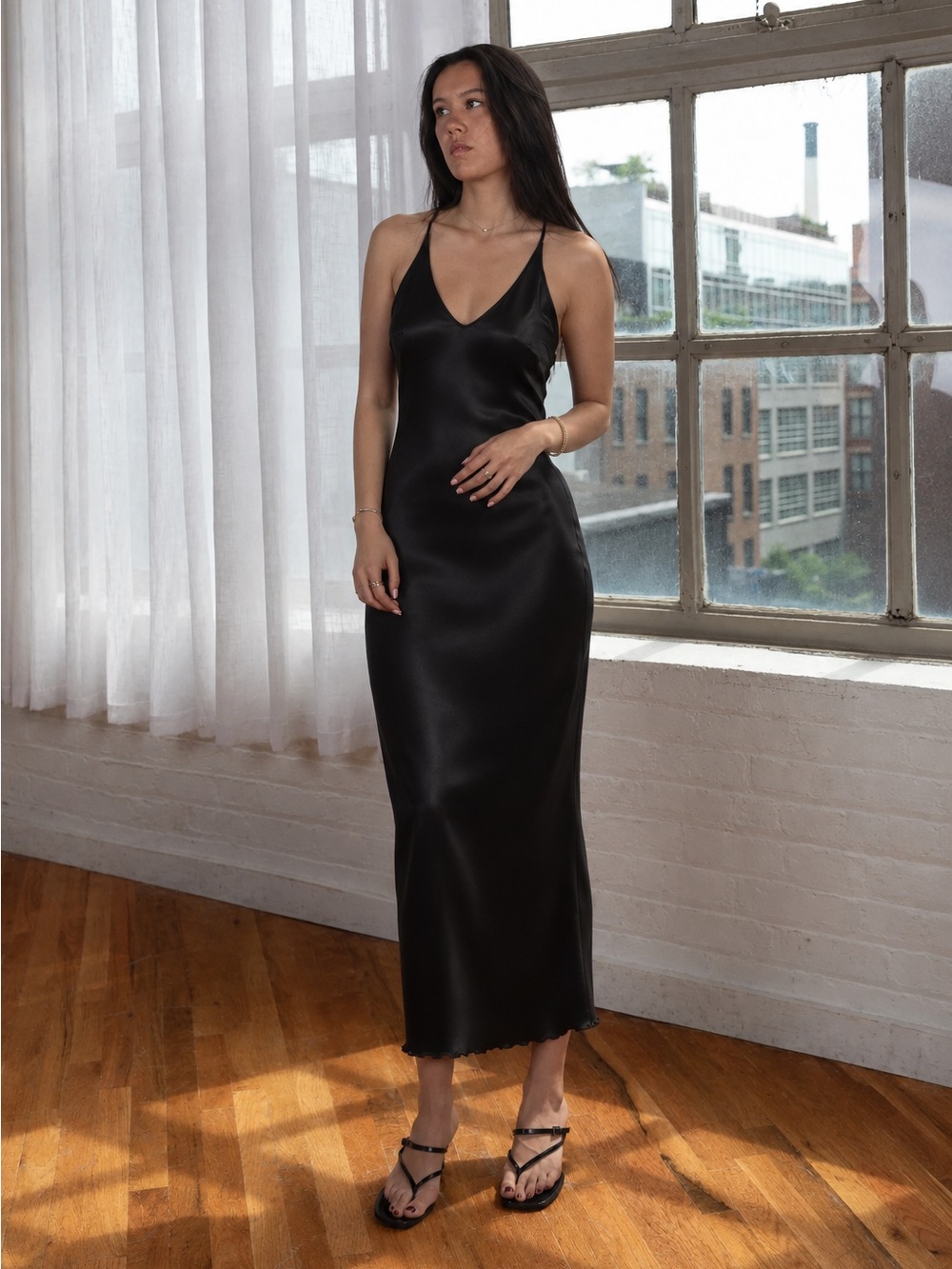 A New Day Strappy V-Neck Midi Satin Slip Dress Jet Black Large
